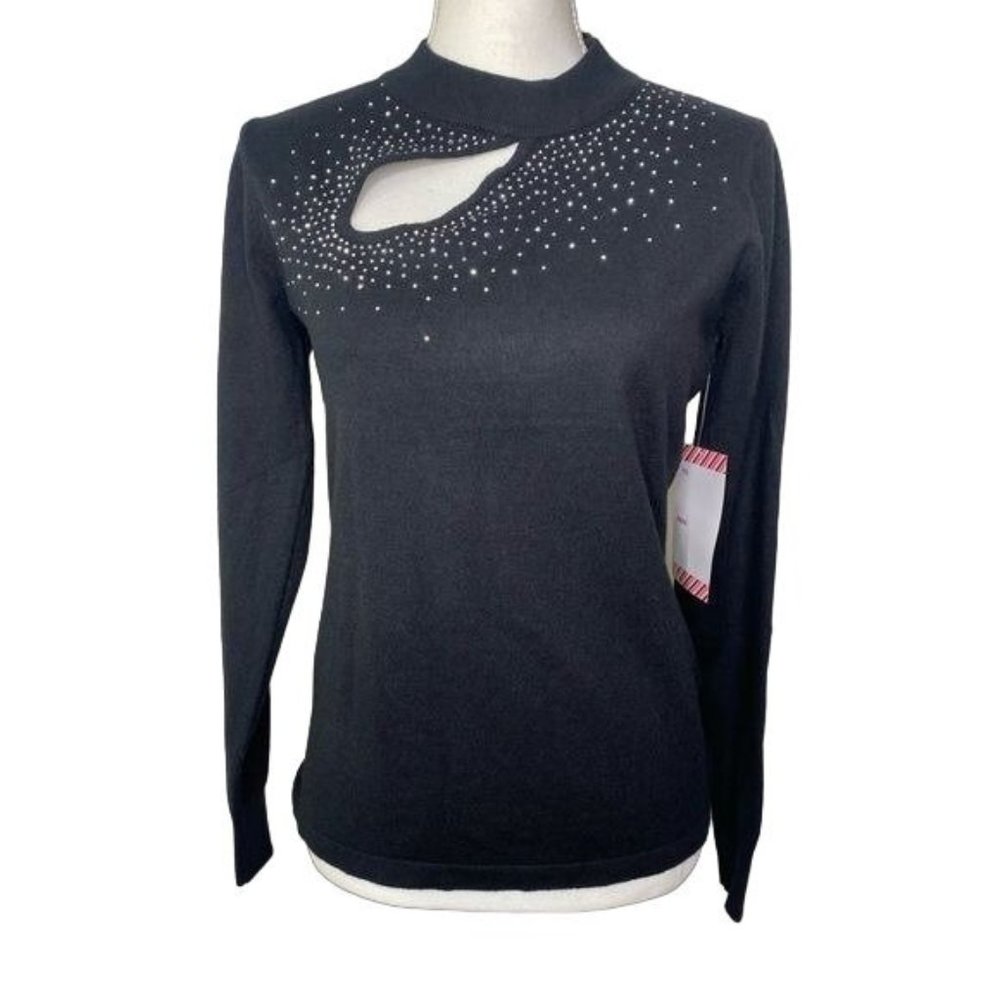 NWT EMBER EMBELLISHED BLACK sweater rhinestones long sleeve bodycon size Large L